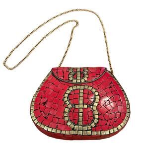 RAMLA Portè-Moi Handmade Red Gold Mosaic Convertible Crossbody Clutch Bag NEW